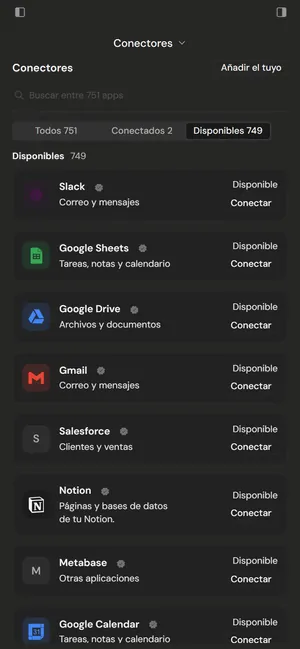 Conectores en la app de Evy: Google Sheets, Google Drive, Gmail, Notion, Google Calendar, Stripe y otras aplicaciones, cada una con su botón Conectar.